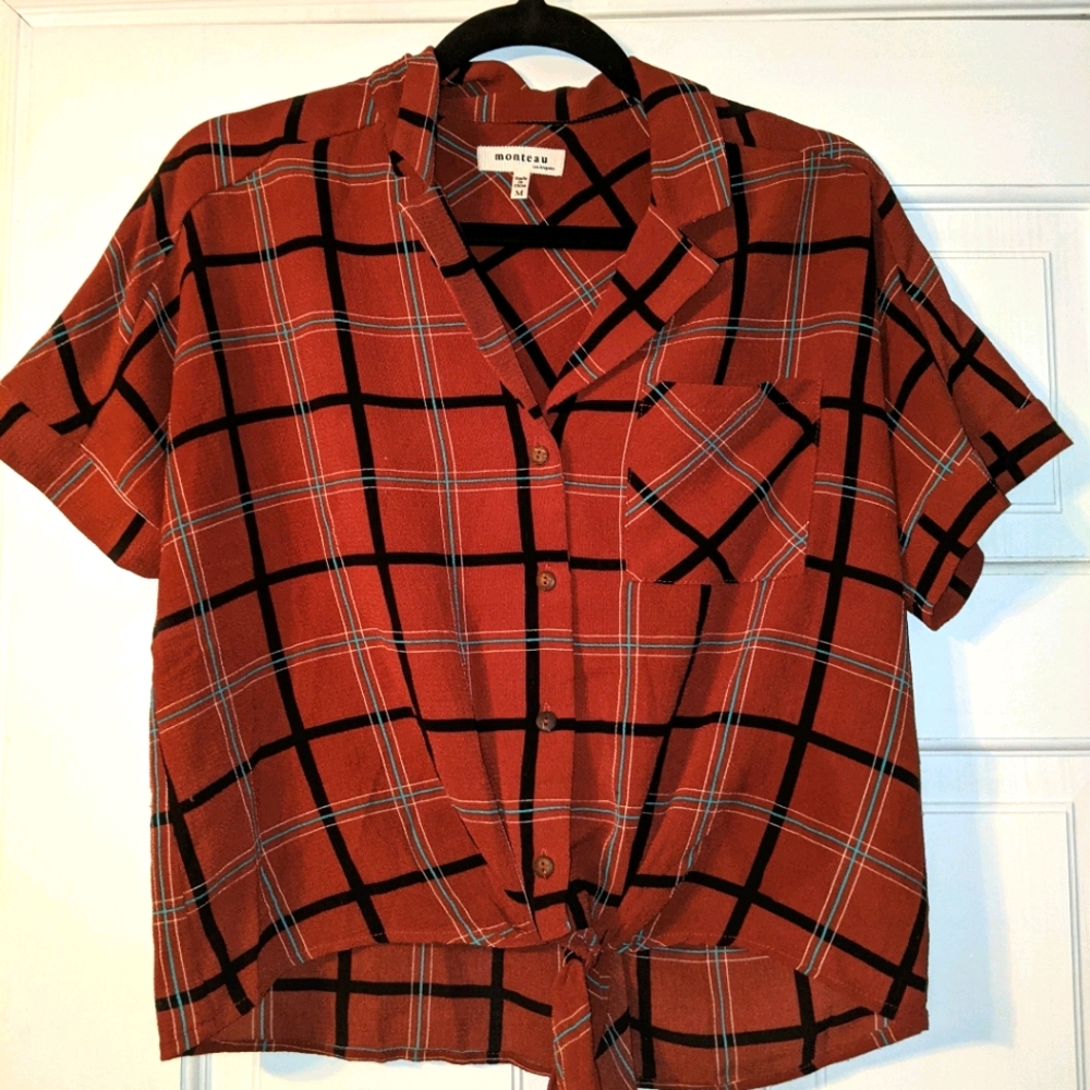 monteau button down retro front tie blouse